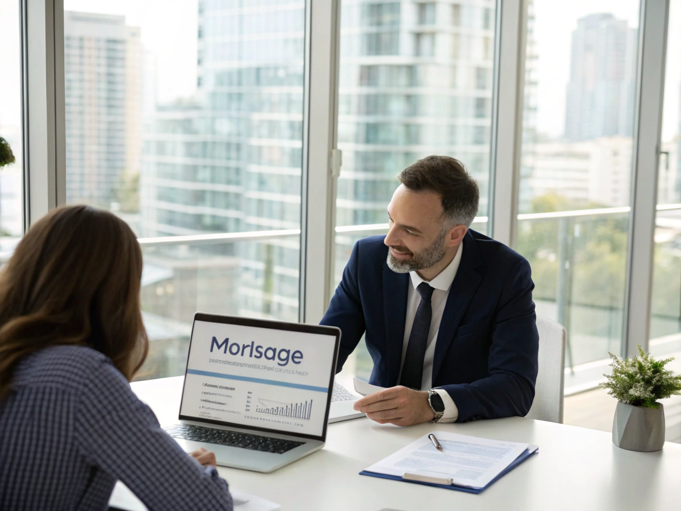 Mortgage advisor consulting with a client over property finance plans